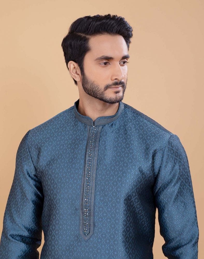 Collection of Grey Self Jacquard All Over Printed With Thread Work Kurta Set in a gallery layout