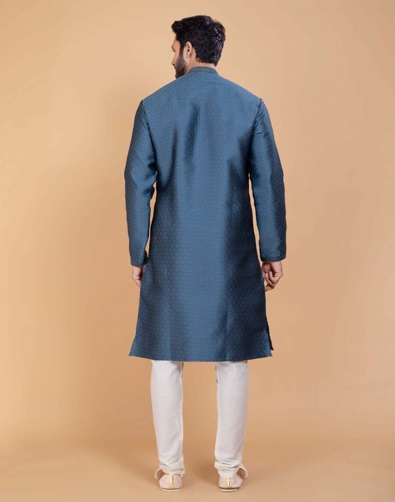 Collection of Grey Self Jacquard All Over Printed With Thread Work Kurta Set in a gallery layout