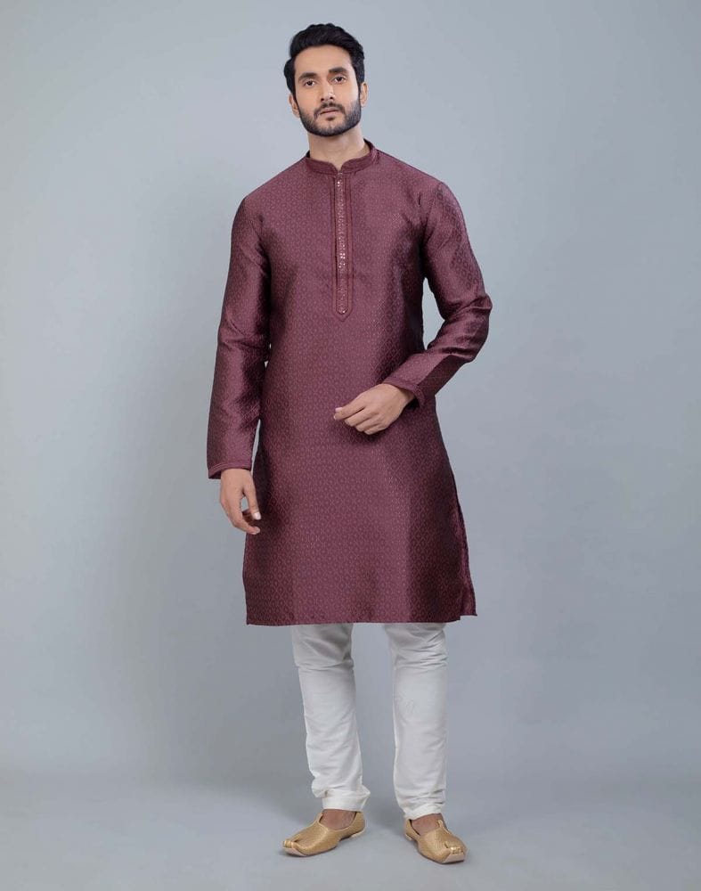 Light Pink Self Jacquard All Over Printed With Thread Work Kurta Set