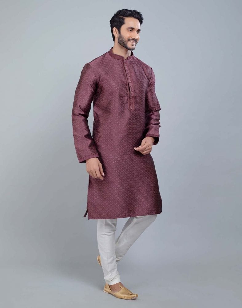 Light Pink Self Jacquard All Over Printed With Thread Work Kurta Set