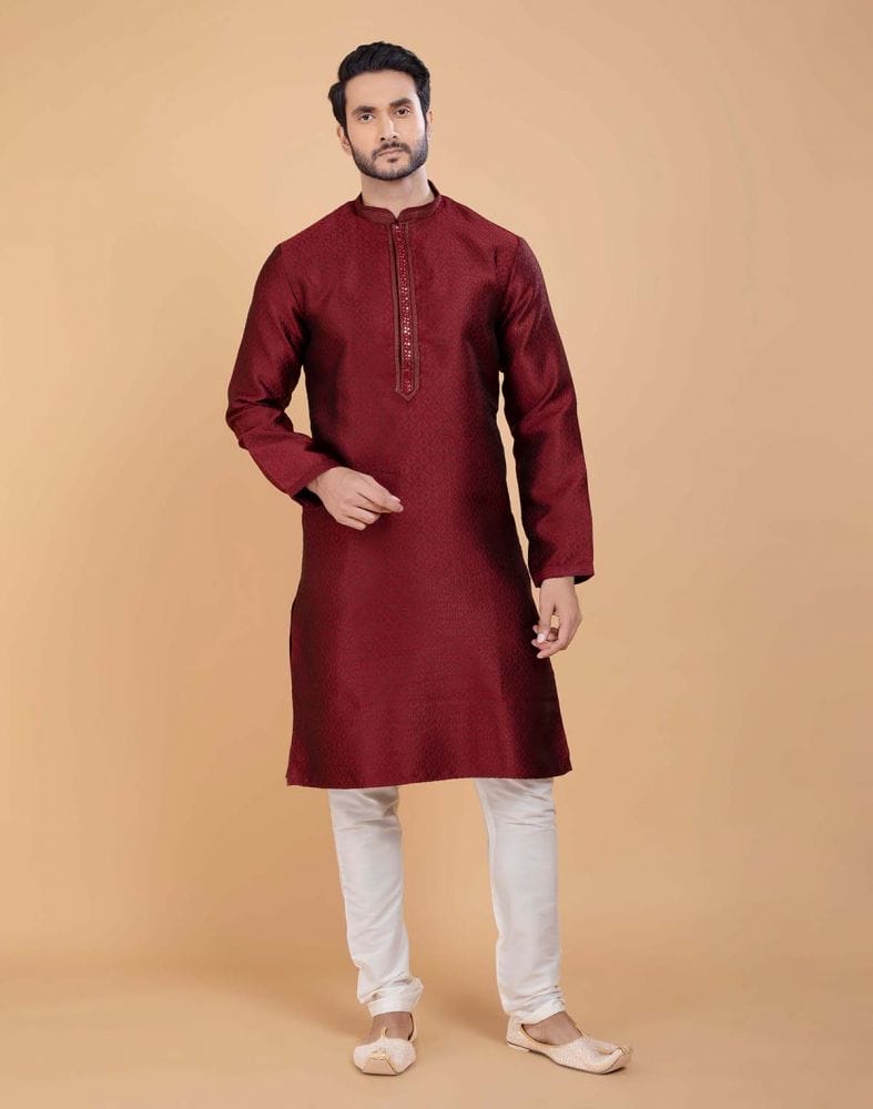 Collection of Maroon Self Jacquard All Over Printed With Thread Work Kurta Set in a gallery layout