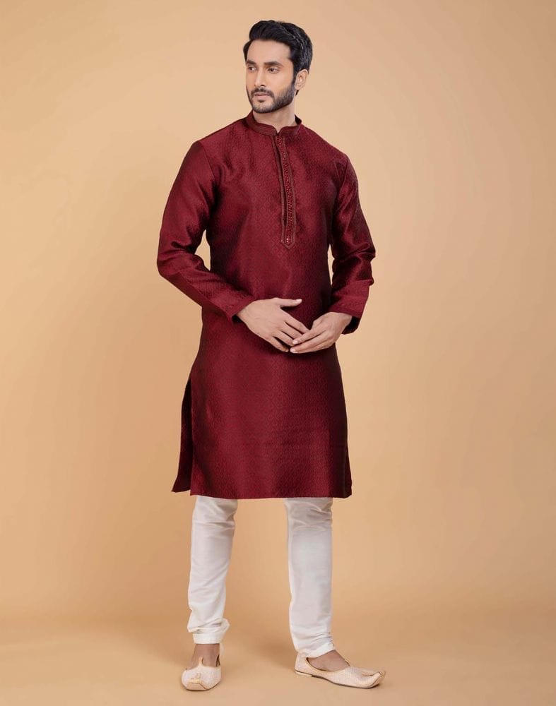 Maroon Self Jacquard All Over Printed With Thread Work Kurta Set