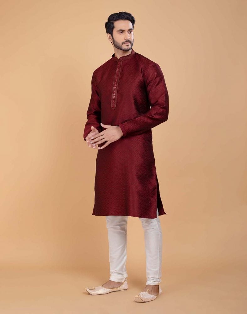 Collection of Maroon Self Jacquard All Over Printed With Thread Work Kurta Set in a gallery layout