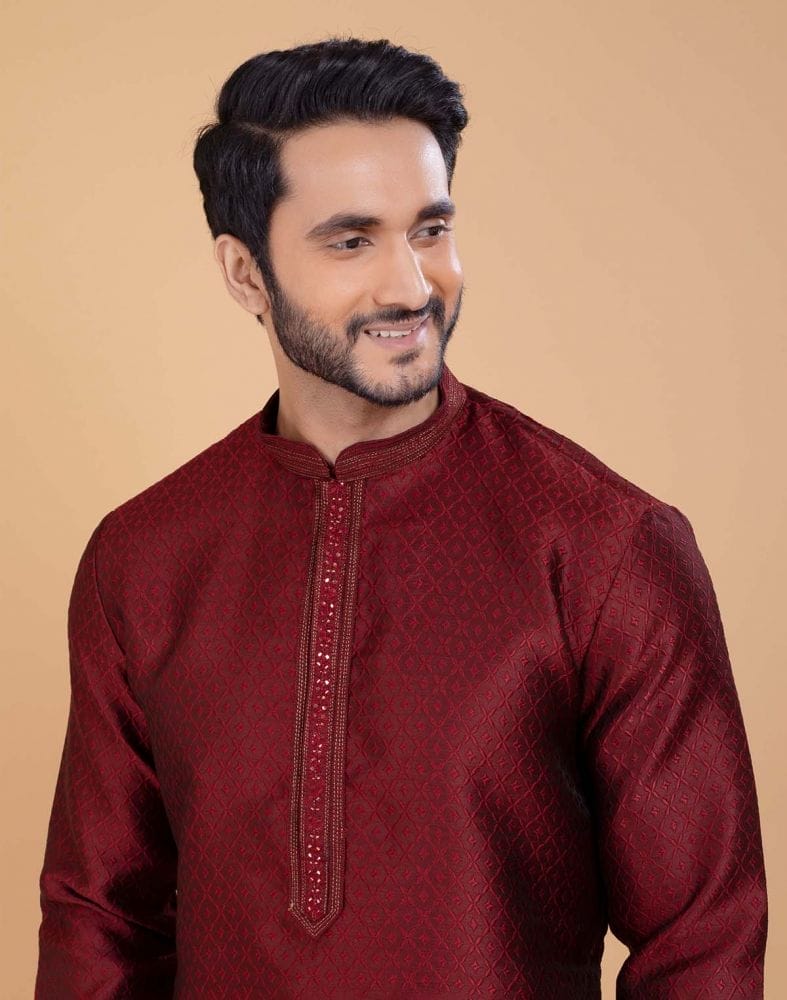 Maroon Self Jacquard All Over Printed With Thread Work Kurta Set