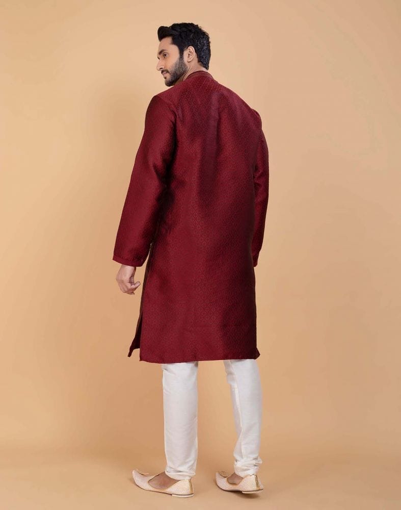 Collection of Maroon Self Jacquard All Over Printed With Thread Work Kurta Set in a gallery layout