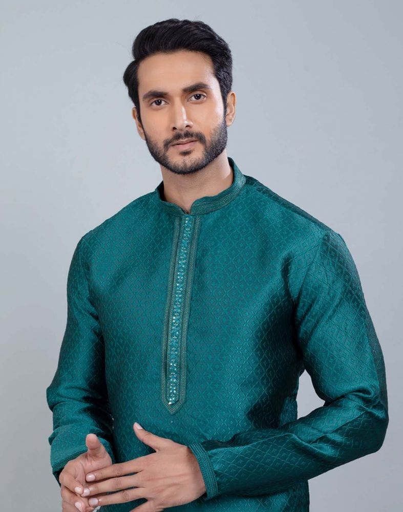 Self Jacquard All Over Printed With Thread Work Kurta Set