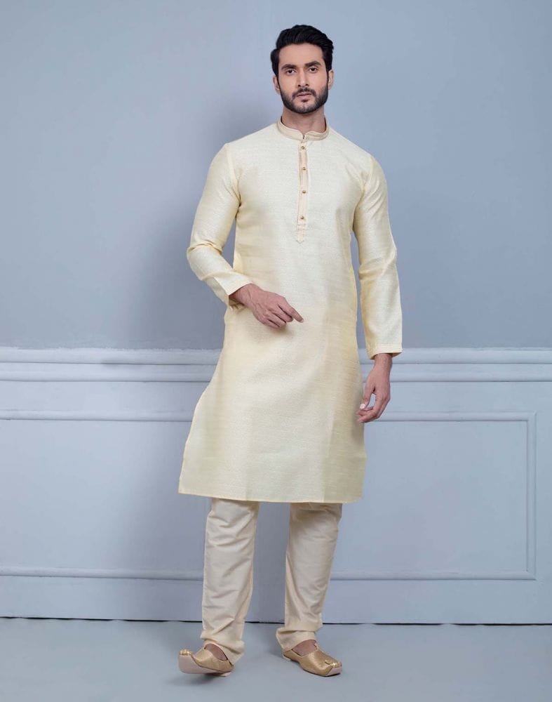 Simple Cream Coloured Self Made Festive Design Kurta Set