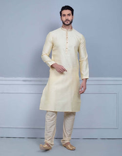 Collection of Simple Cream Coloured Self Made Festive Design Kurta Set in a gallery layout