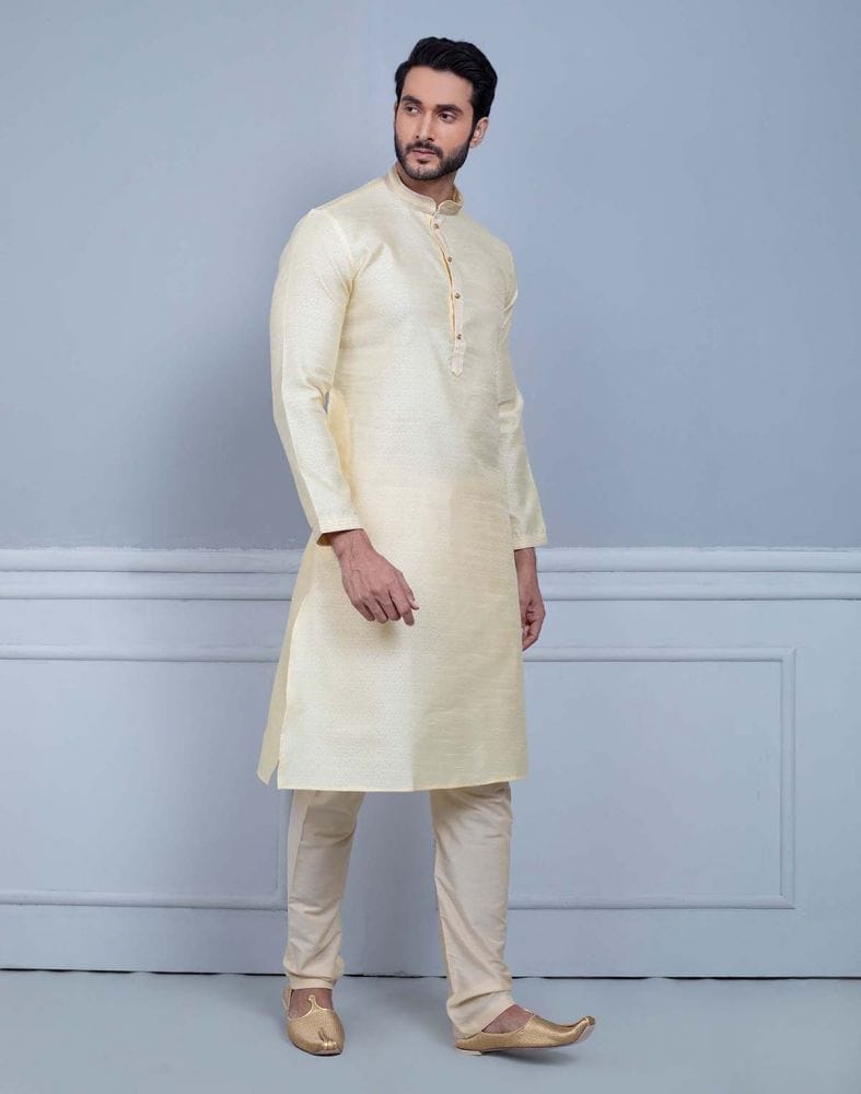 Simple Cream Coloured Self Made Festive Design Kurta Set