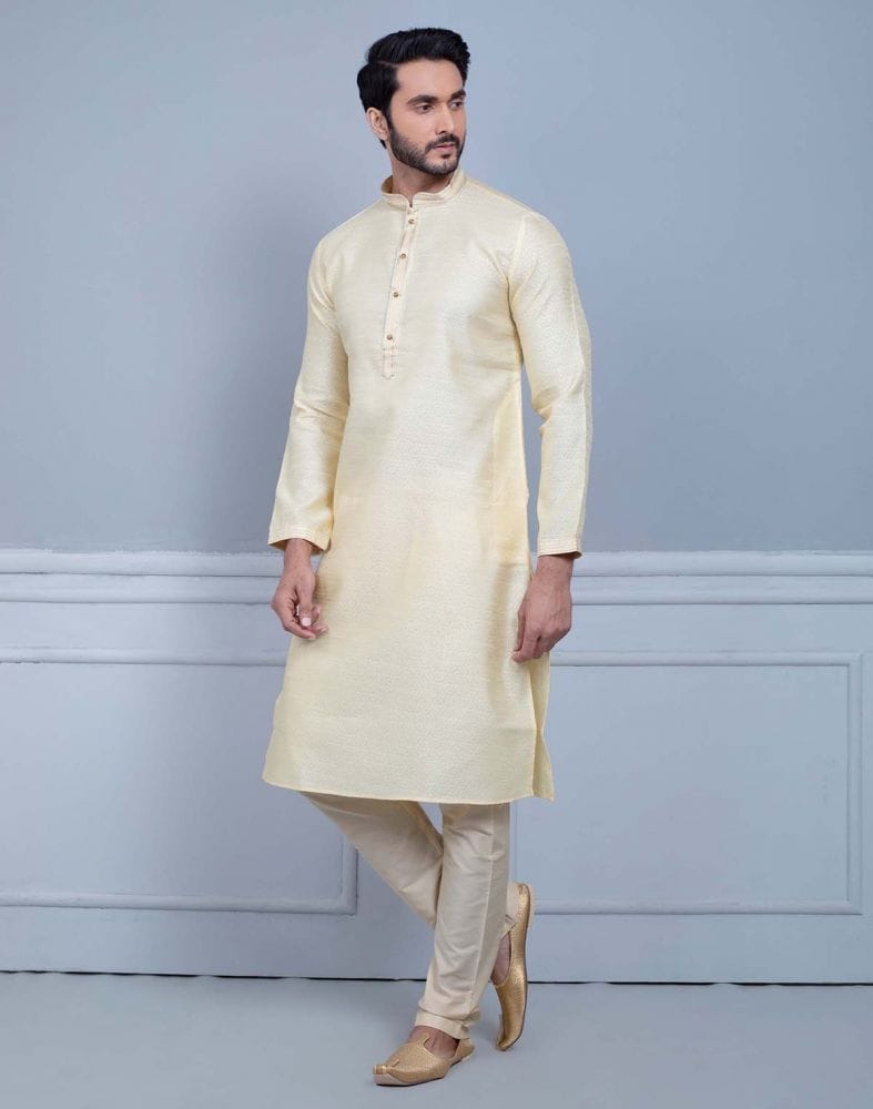 Simple Cream Coloured Self Made Festive Design Kurta Set