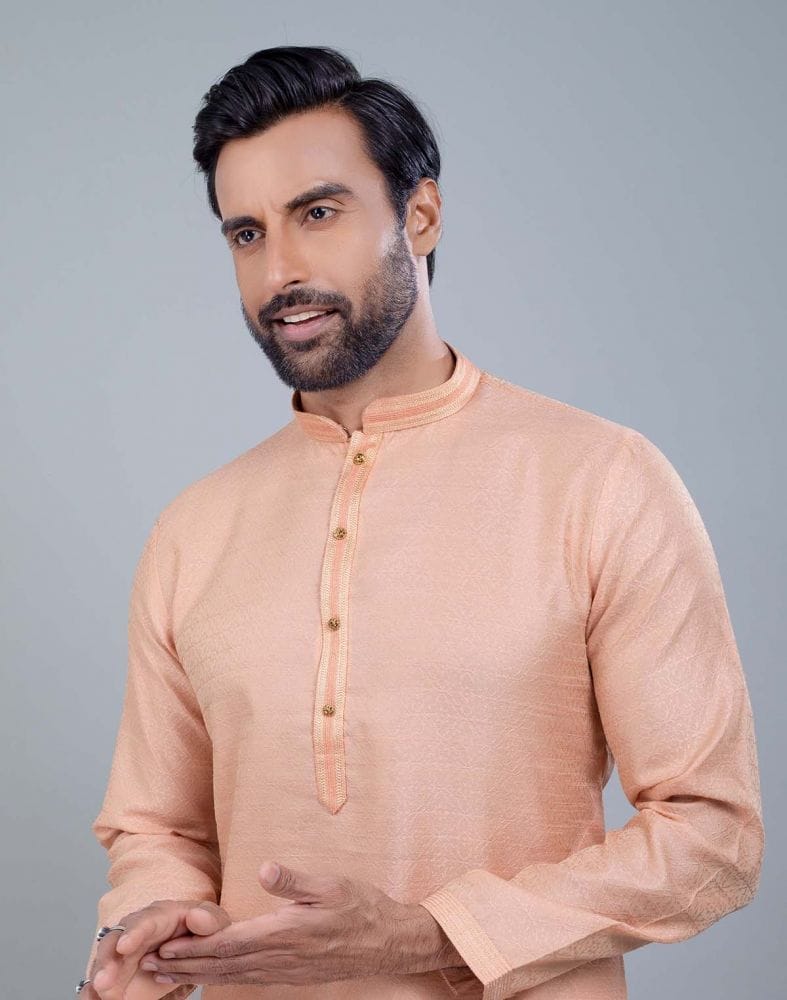 Collection of Peach Coloured Simple Self Made Festive Design Kurta Set in a gallery layout