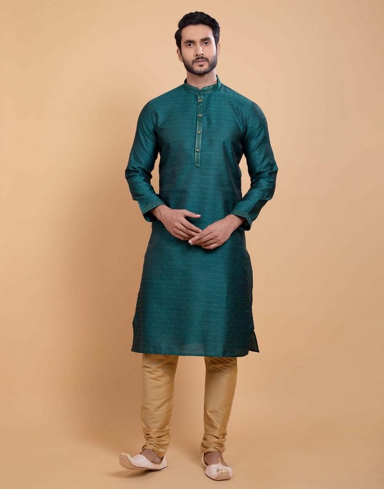 Collection of Rama Green Simple Self Made Festive Design Kurta Set in a gallery layout