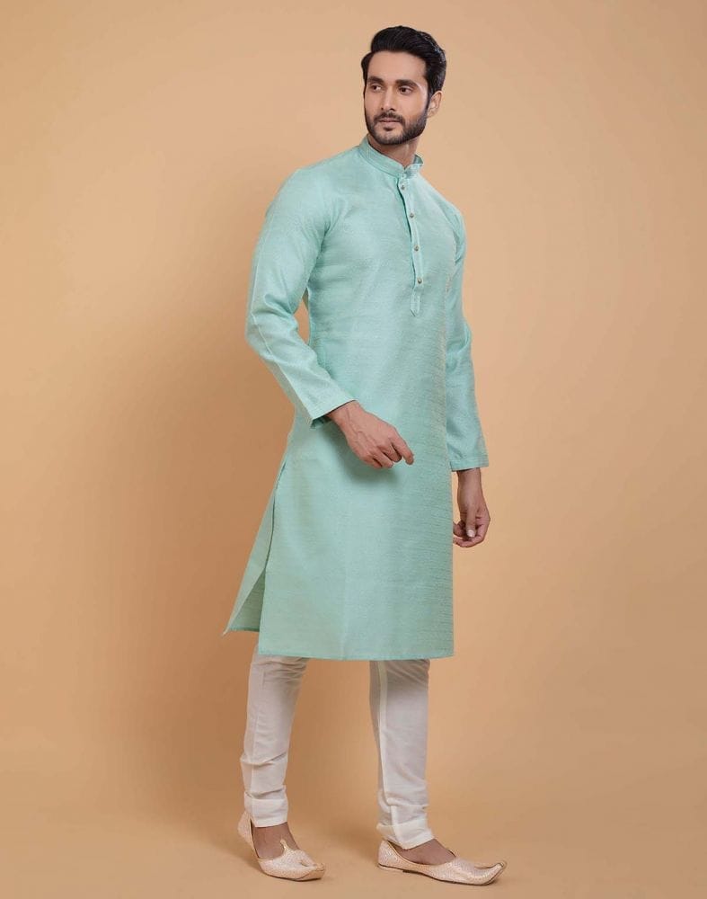 Collection of Sky Blue Simple Self Made Festive Design Kurta Set in a gallery layout