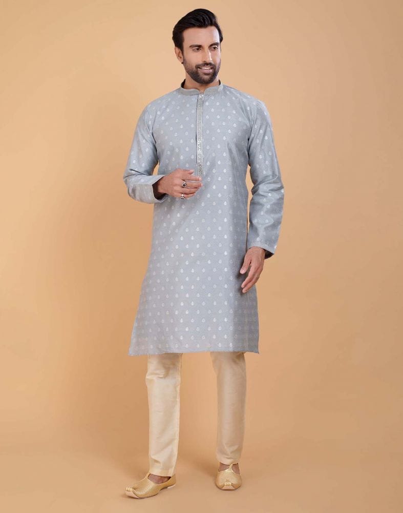 Collection of Grey Coloured Soft Silk Luxurious Silver Booti Kurta Set in a gallery layout