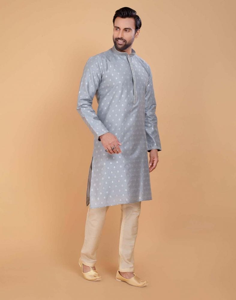 Collection of Grey Coloured Soft Silk Luxurious Silver Booti Kurta Set in a gallery layout