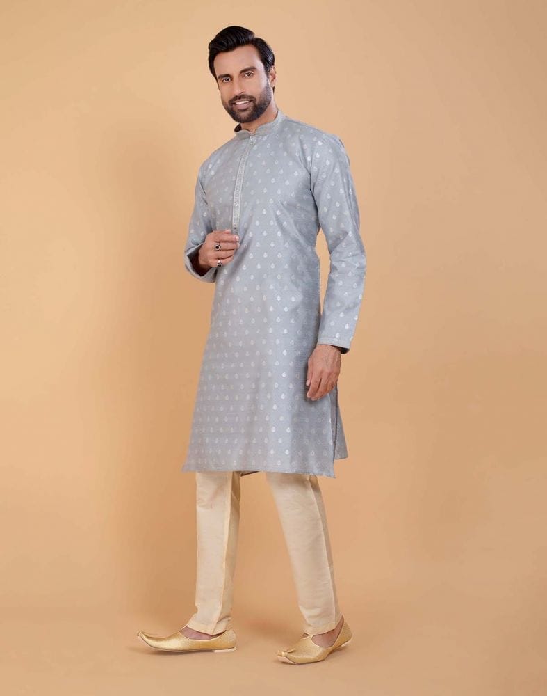 Grey Coloured Soft Silk Luxurious Silver Booti Kurta Set