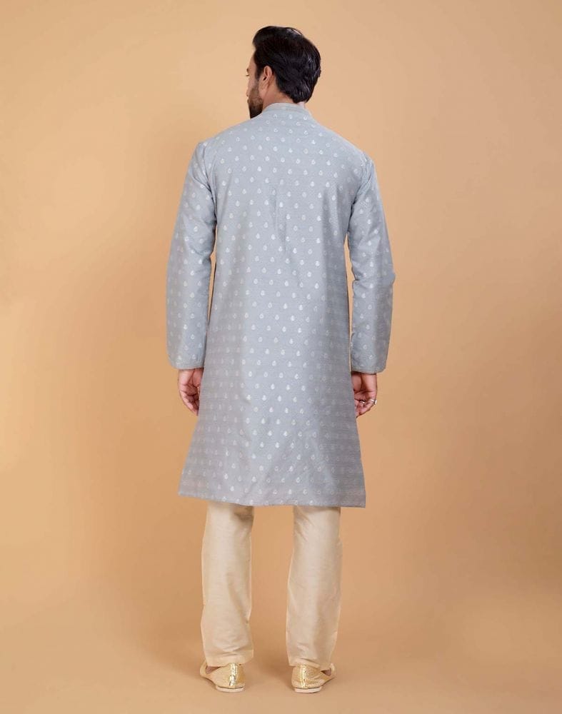 Collection of Grey Coloured Soft Silk Luxurious Silver Booti Kurta Set in a gallery layout