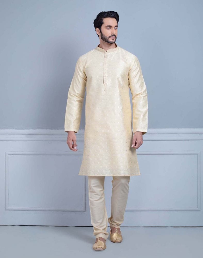 Collection of Soft Silk Luxurious Silver Booti Kurta Set in a gallery layout