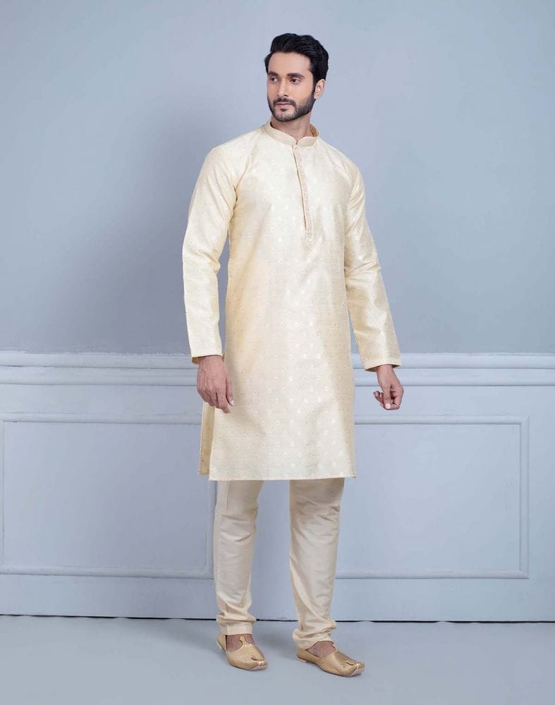 Collection of Soft Silk Luxurious Silver Booti Kurta Set in a gallery layout