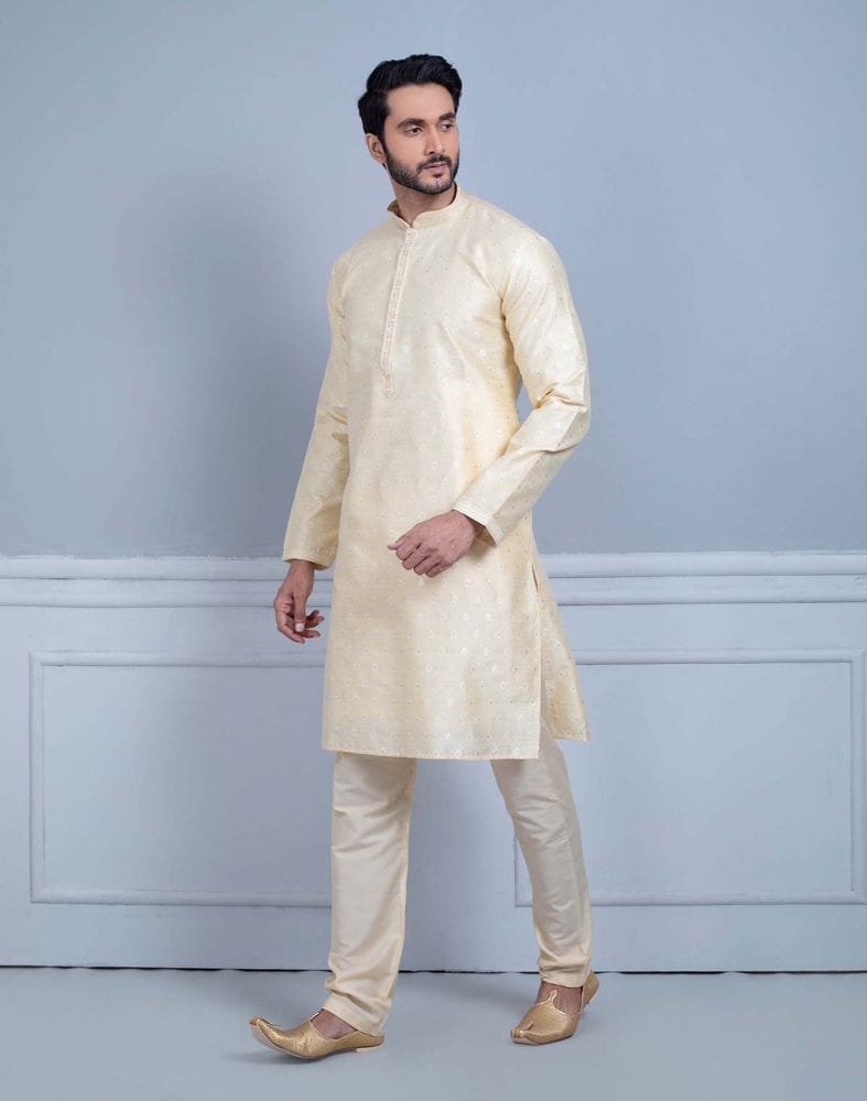 Collection of Soft Silk Luxurious Silver Booti Kurta Set in a gallery layout