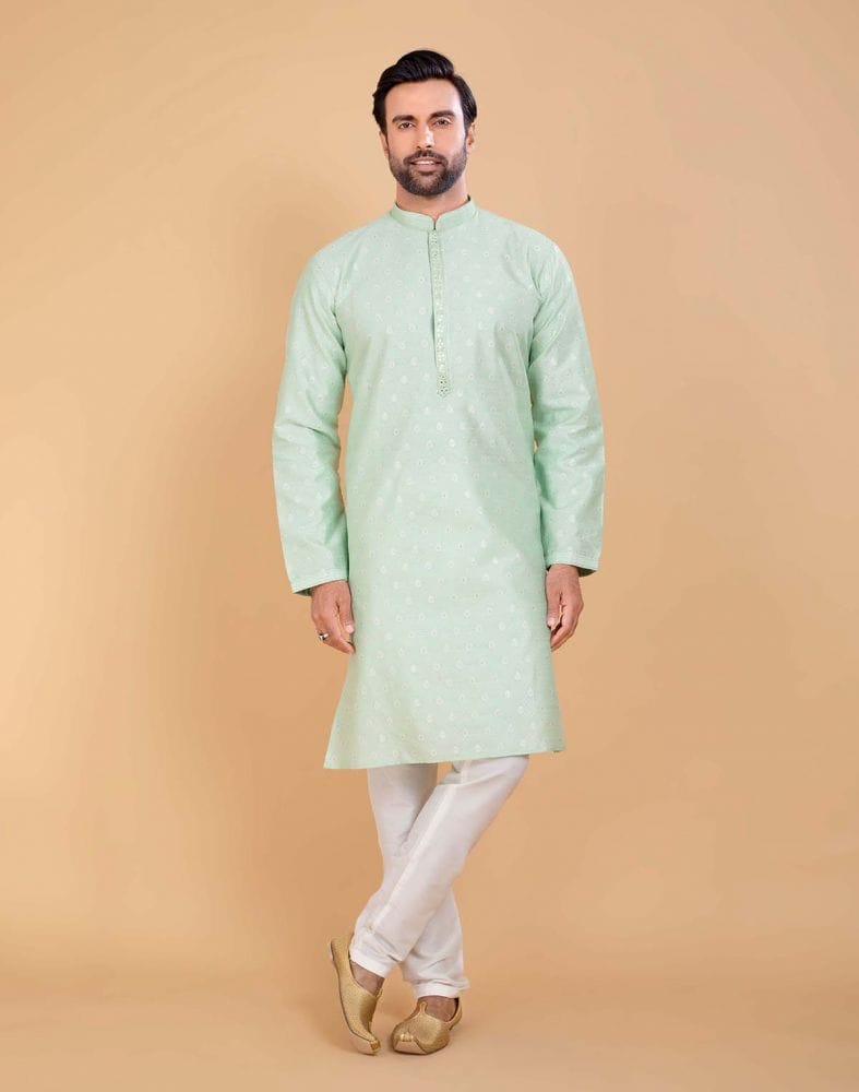 Light Green Coloured Soft Silk Luxurious Silver Booti Kurta Set