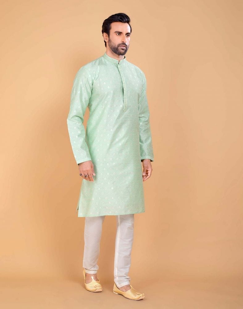 Light Green Coloured Soft Silk Luxurious Silver Booti Kurta Set