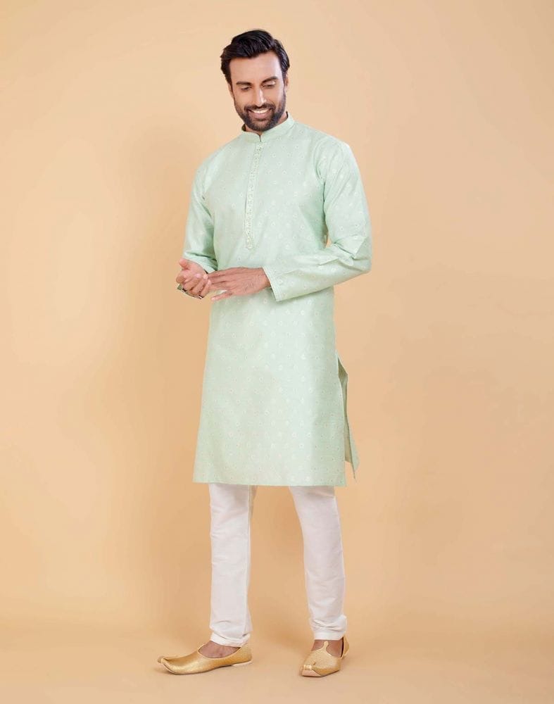 Collection of Light Green Coloured Soft Silk Luxurious Silver Booti Kurta Set in a gallery layout