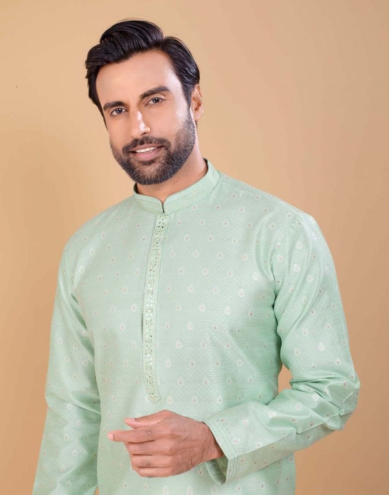 Light Green Coloured Soft Silk Luxurious Silver Booti Kurta Set