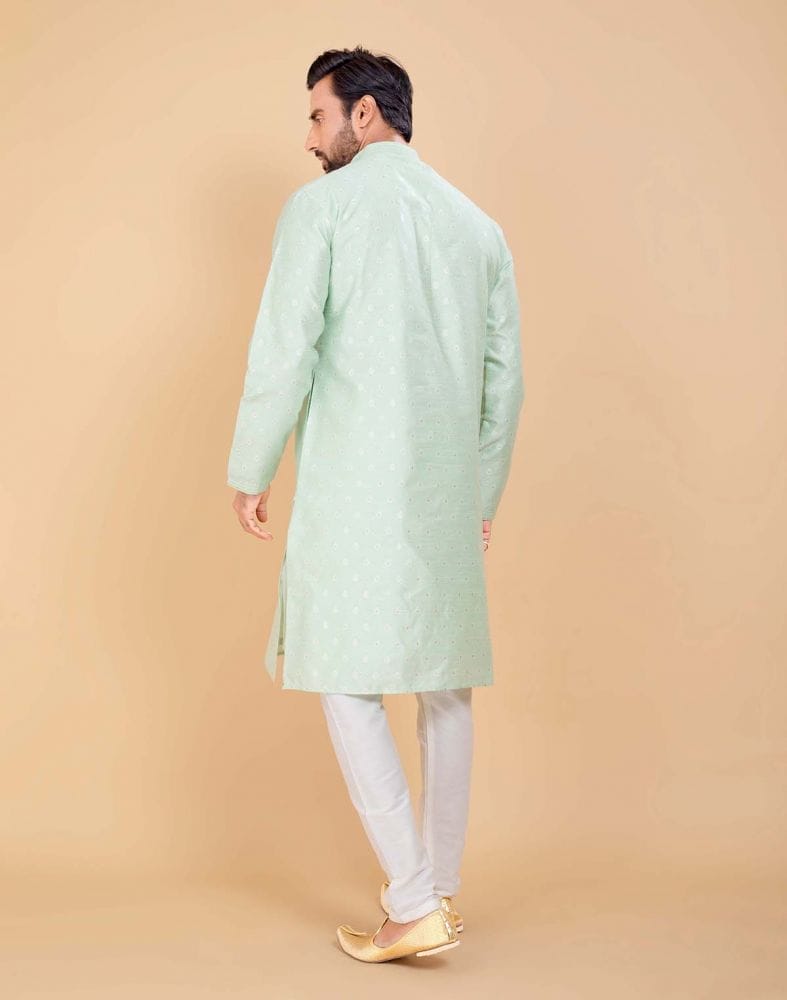 Collection of Light Green Coloured Soft Silk Luxurious Silver Booti Kurta Set in a gallery layout