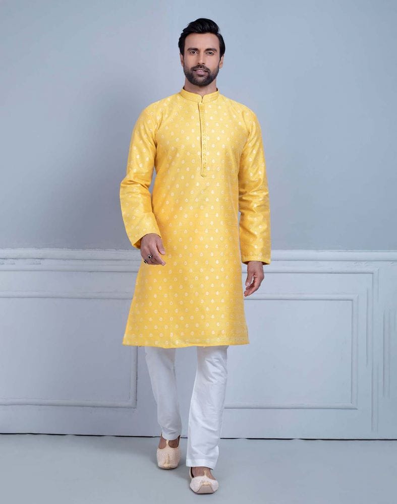 Yellow Soft Silk Luxurious Silver Booti Kurta Set