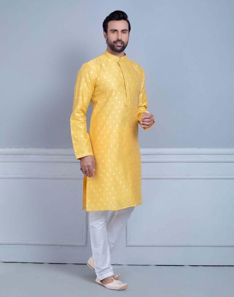 Yellow Soft Silk Luxurious Silver Booti Kurta Set