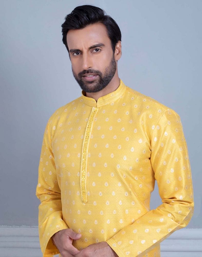 Collection of Yellow Soft Silk Luxurious Silver Booti Kurta Set in a gallery layout