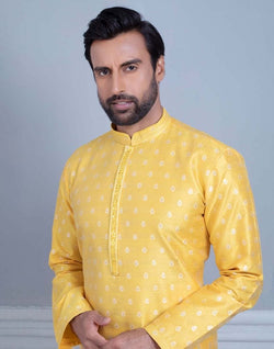 Collection of Yellow Soft Silk Luxurious Silver Booti Kurta Set in a gallery layout