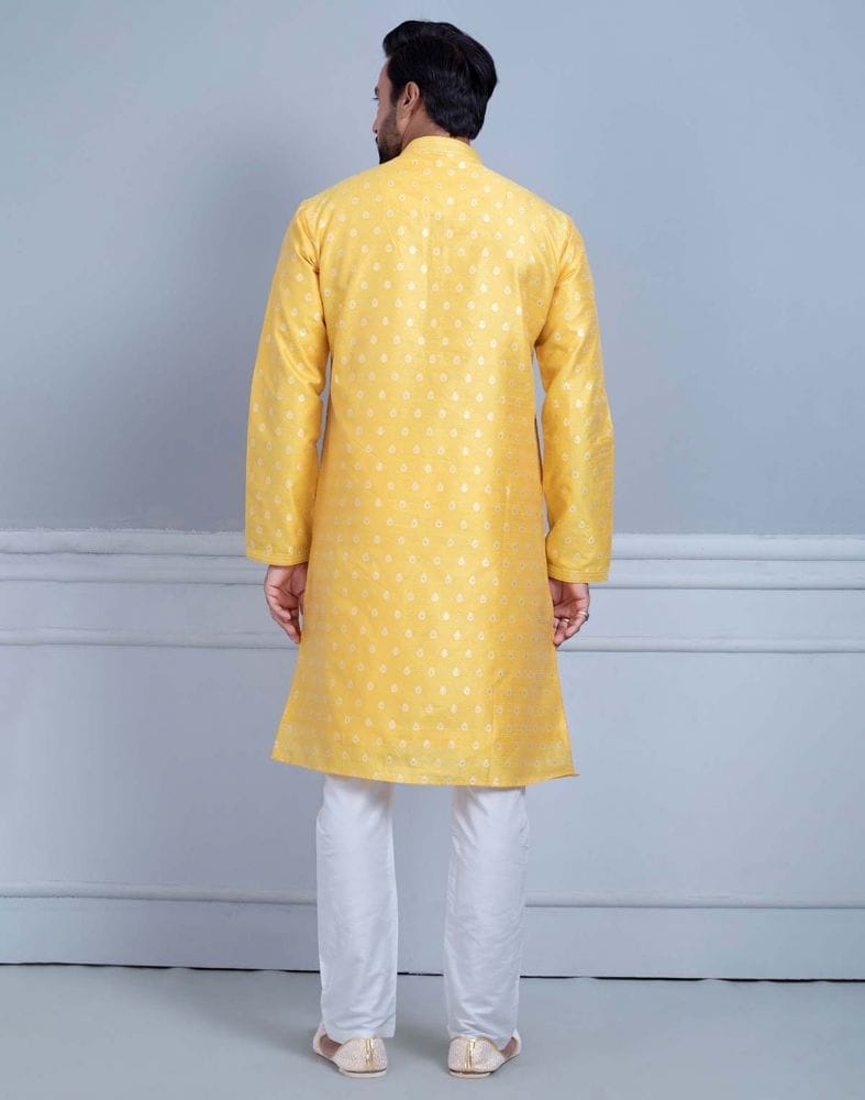 Yellow Soft Silk Luxurious Silver Booti Kurta Set