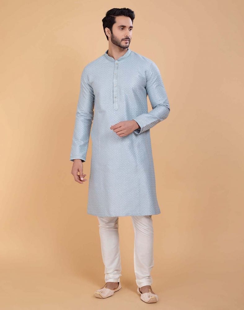 Collection of Grey Soft Silk Fabric With All Silver Zari Work Kurta Set in a gallery layout