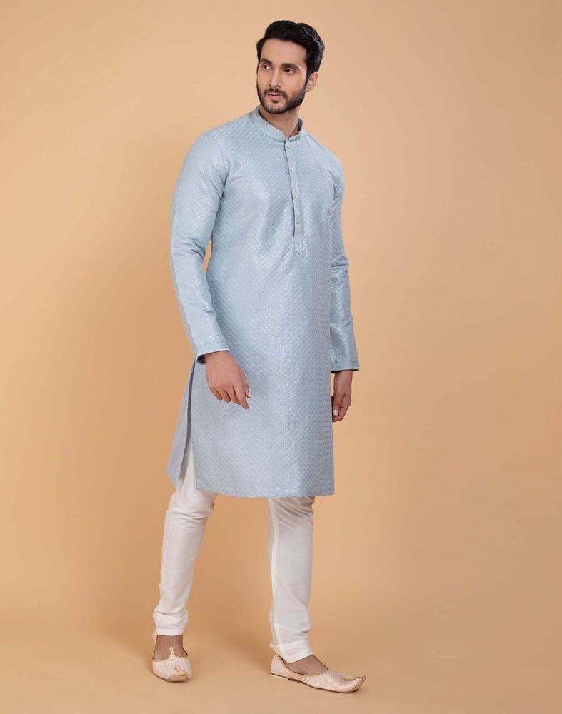 Grey Soft Silk Fabric With All Silver Zari Work Kurta Set