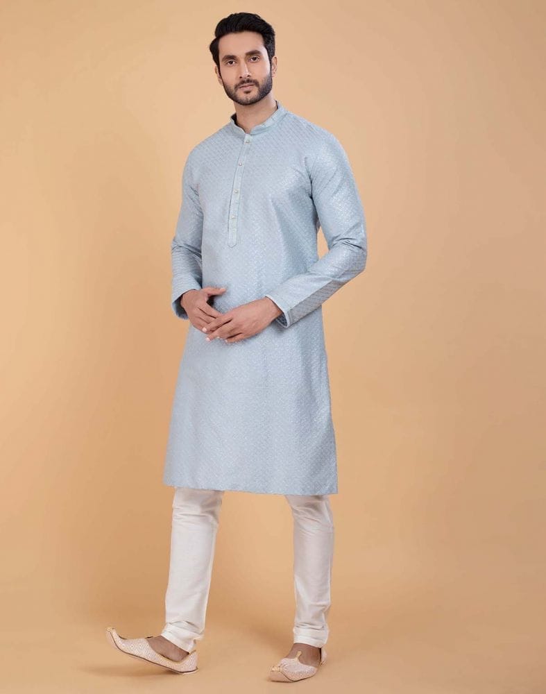 Collection of Grey Soft Silk Fabric With All Silver Zari Work Kurta Set in a gallery layout