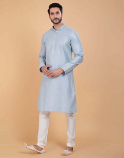 Collection of Grey Soft Silk Fabric With All Silver Zari Work Kurta Set in a gallery layout