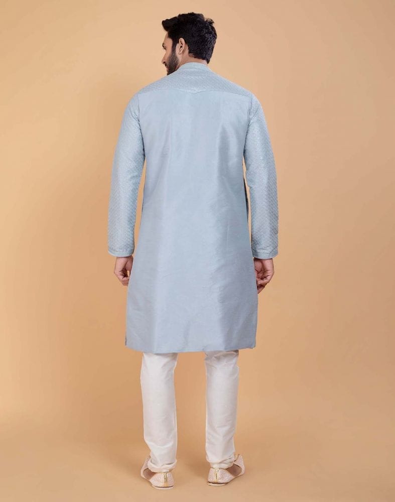 Grey Soft Silk Fabric With All Silver Zari Work Kurta Set