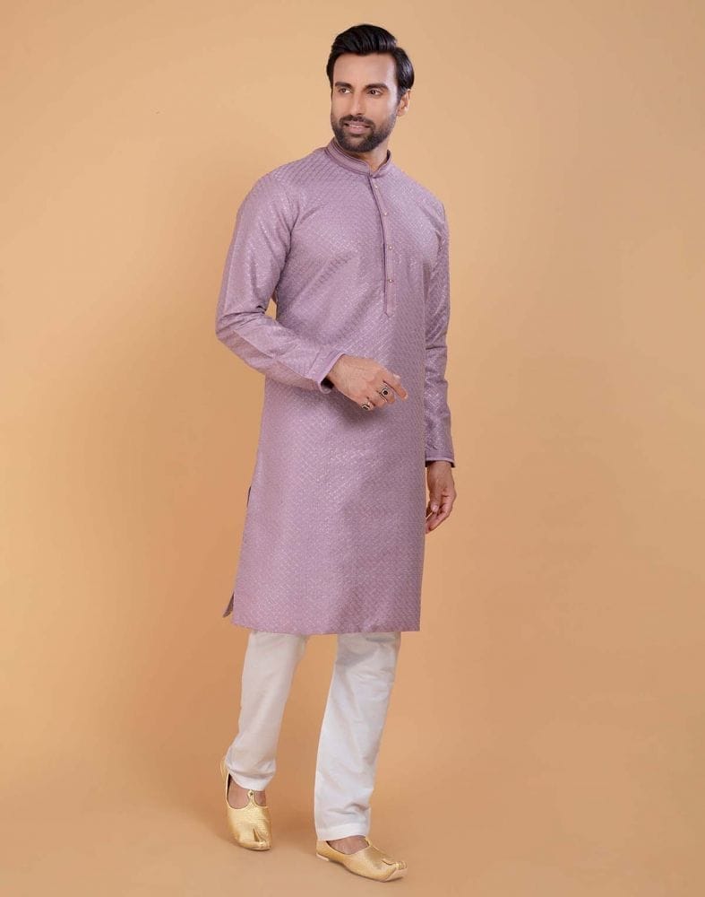 Collection of Light Pink Soft Silk Fabric With All Silver Zari Work Kurta Set in a gallery layout