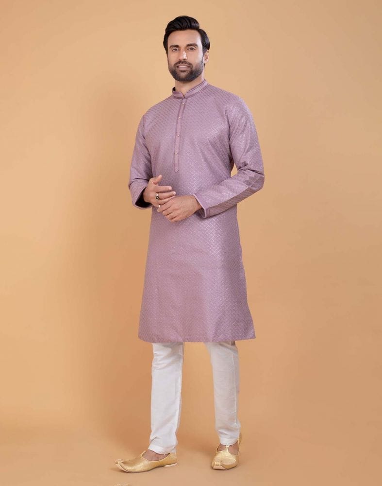 Collection of Light Pink Soft Silk Fabric With All Silver Zari Work Kurta Set in a gallery layout