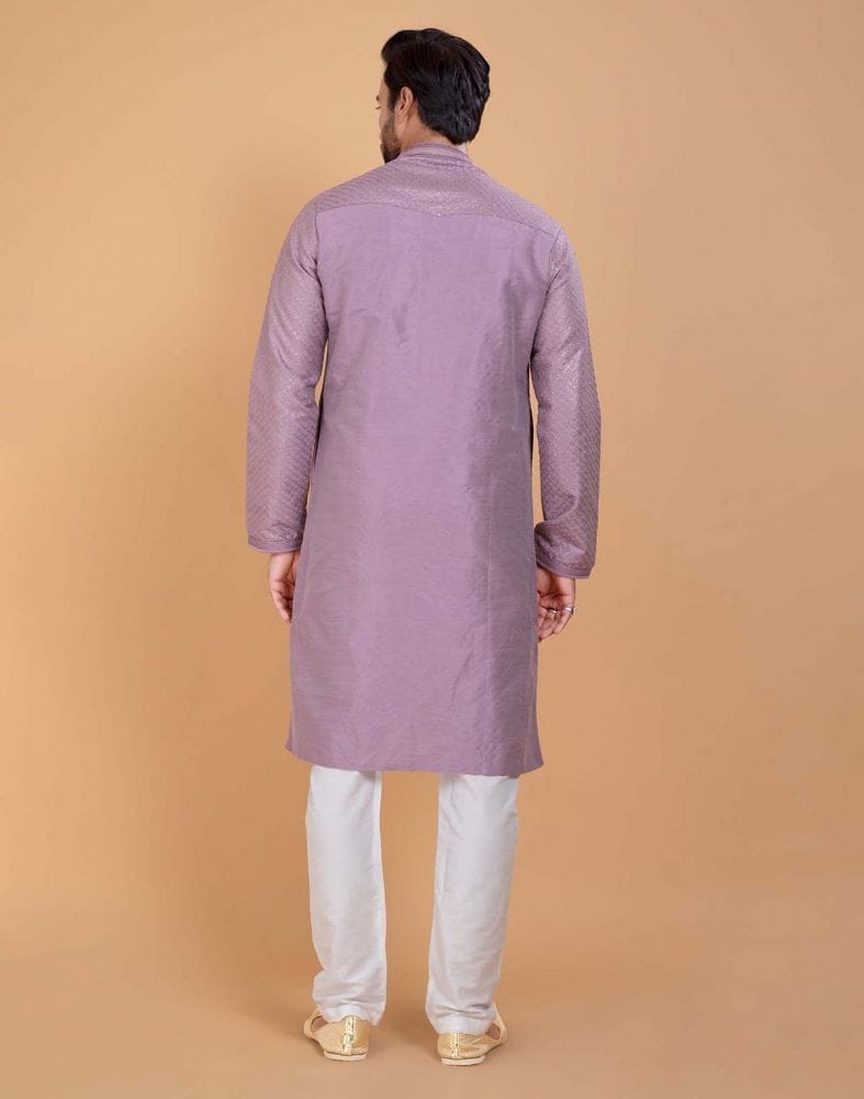 Collection of Light Pink Soft Silk Fabric With All Silver Zari Work Kurta Set in a gallery layout