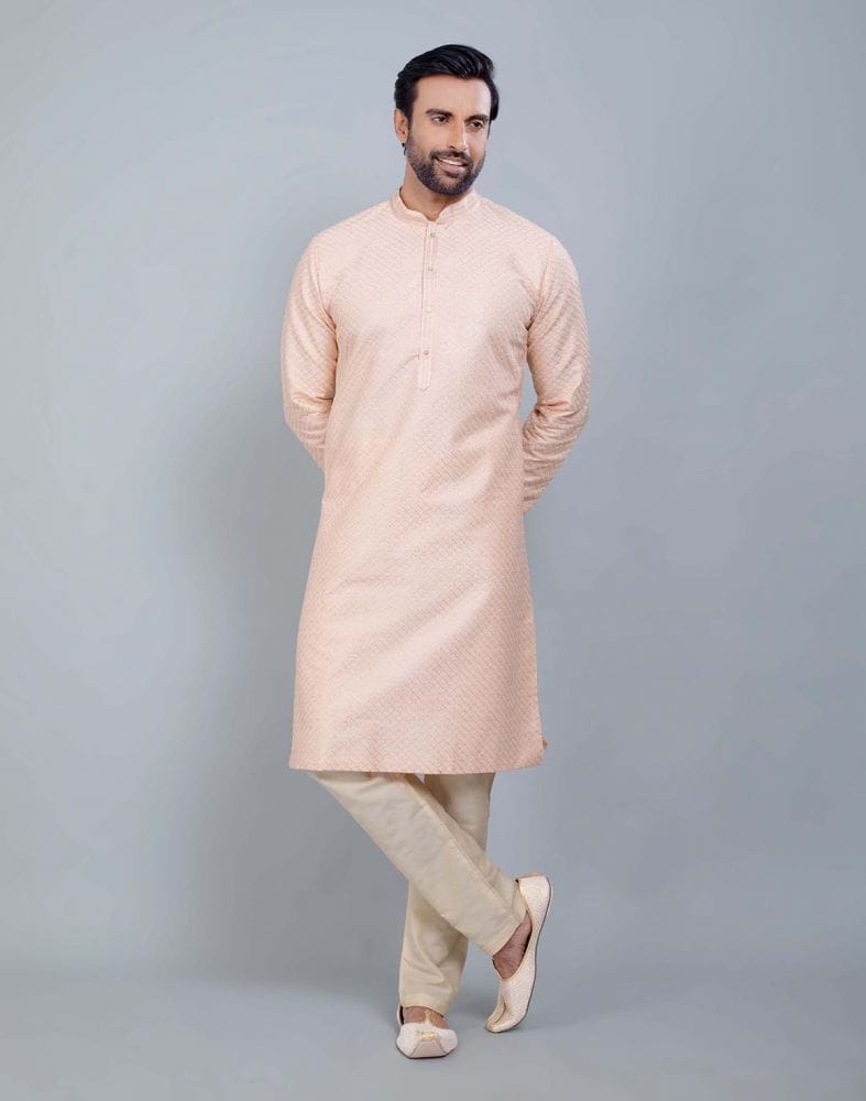 Peach Soft Silk Fabric With All Silver Zari Work Kurta Set