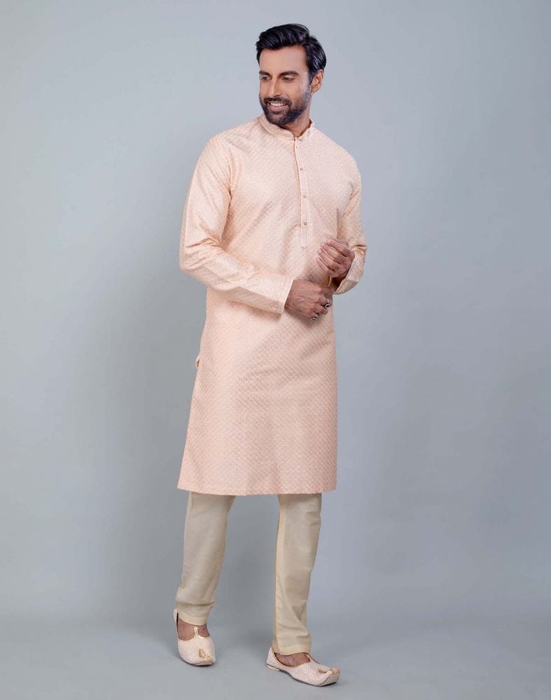 Peach Soft Silk Fabric With All Silver Zari Work Kurta Set