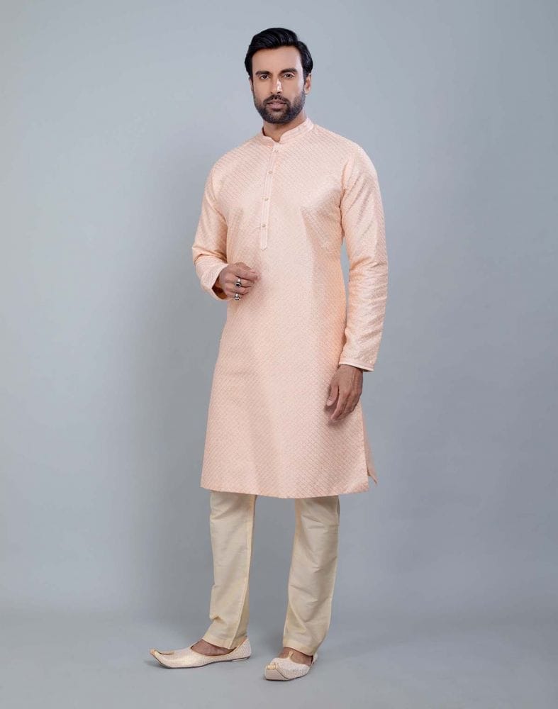 Collection of Peach Soft Silk Fabric With All Silver Zari Work Kurta Set in a gallery layout