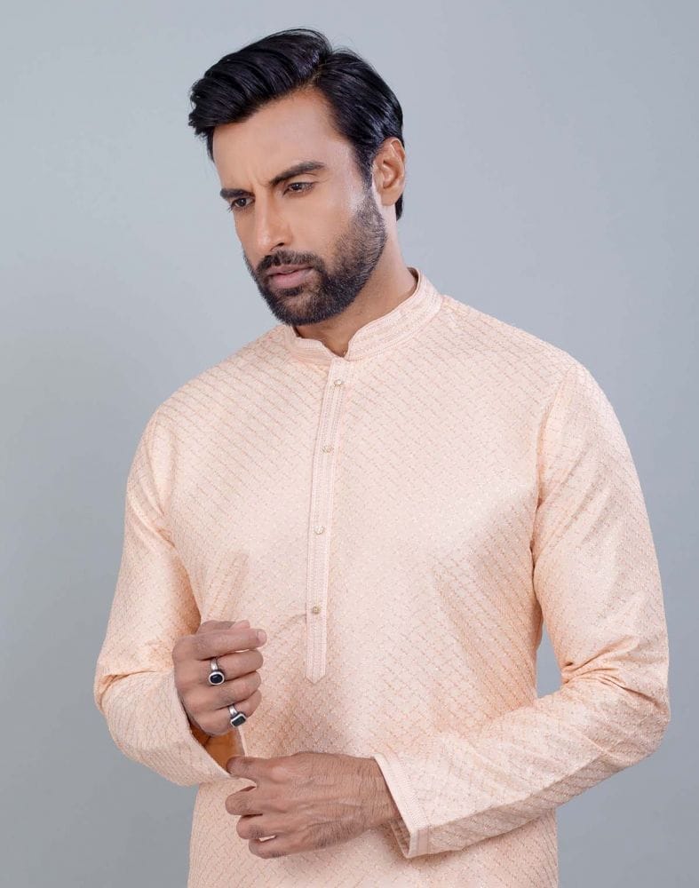 Collection of Peach Soft Silk Fabric With All Silver Zari Work Kurta Set in a gallery layout