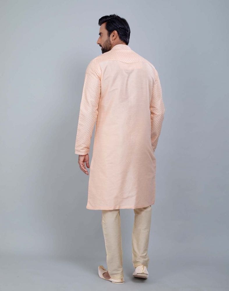 Collection of Peach Soft Silk Fabric With All Silver Zari Work Kurta Set in a gallery layout