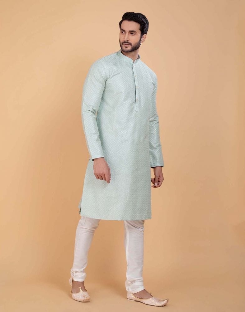 Sky Blue Soft Silk Fabric With All Silver Zari Work Kurta Set