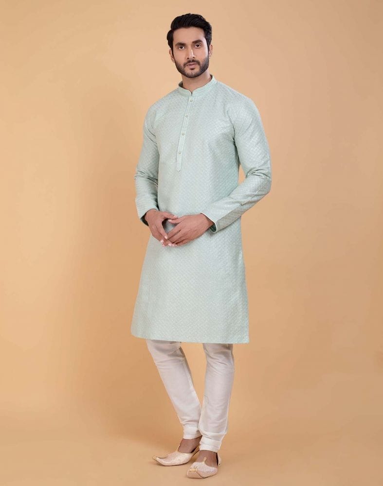 Collection of Sky Blue Soft Silk Fabric With All Silver Zari Work Kurta Set in a gallery layout