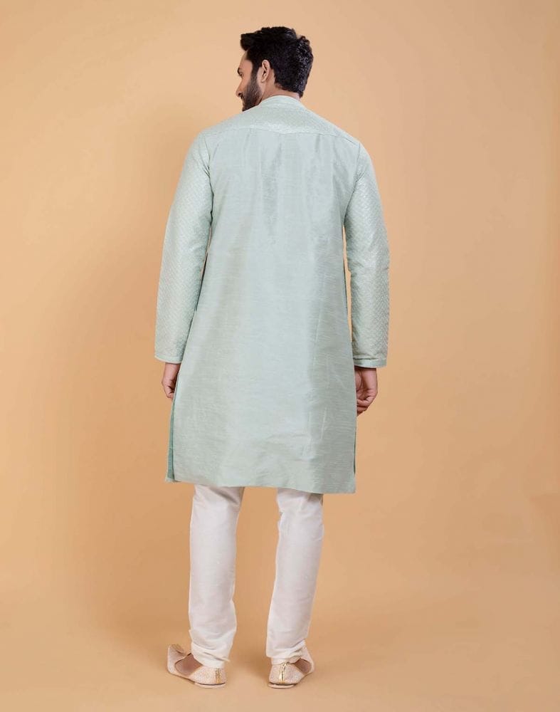 Sky Blue Soft Silk Fabric With All Silver Zari Work Kurta Set